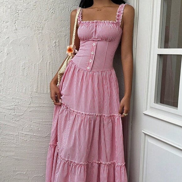 Red And White Casual Women's Elegant Flowy Dress - Picture 2 of 8